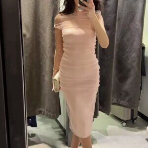 Zara blush pink tulle fitted dress ruched